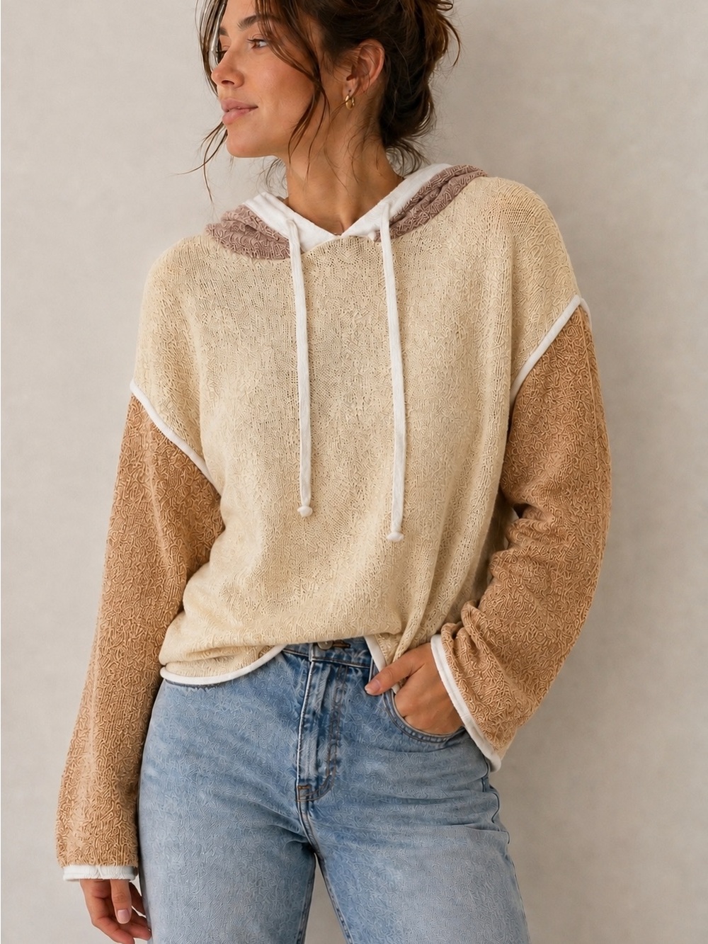 Hem & Thread Cream Tan Colorblock Hooded Knit Sweater Size M